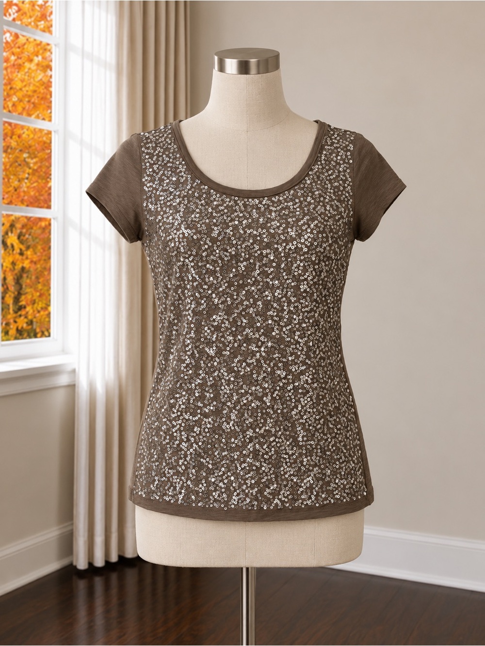Ann Taylor LOFT Brown Sequin Short Sleeve Scoop Neck Top